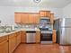 Modern kitchen with stainless steel appliances, wooden cabinets, and a stylish tile backsplash at 2731 Meadow Knoll Dr, Charlotte, NC 28269