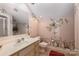 Bathroom featuring a vanity with sink, toilet, decorative wall art, and a shower reflected in the mirror at 378 Shoreline Dr, New London, NC 28127