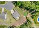 Aerial view of a home showcasing its putting green, patio, pool, and landscaped surroundings at 5028 Whitemarsh Ct, Indian Land, SC 29720