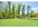 This backyard features a professional putting green, surrounded by mature trees and manicured landscaping at 5028 Whitemarsh Ct, Indian Land, SC 29720