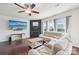 Cozy living room with a dark wood floors, a fireplace, a ceiling fan, and a comfortable sectional sofa at 5037 Nighthawk Dr, Fort Mill, SC 29707