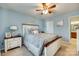 Comfortable main bedroom with ceiling fan, plush bed, side tables, and light blue walls at 5050 Kinross Ln, Indian Land, SC 29707