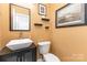 Powder room featuring a vessel sink, black vanity, and unique decor at 6904 Mordred Ln, Charlotte, NC 28277