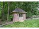 Charming brick shed nestled in a lush backyard, perfect for storage or workshop at 6927 Ellington Farm Ln, Mint Hill, NC 28227