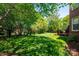 Lush backyard with mature trees, manicured lawn, and a cozy deck, creating a private oasis at 12122 Camden Trail Ct, Charlotte, NC 28277