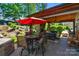 Backyard featuring a covered patio with fireplace and a meticulously maintained lawn at 2002 Thurston Dr, Indian Trail, NC 28079