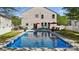 Backyard pool view with outdoor furniture and an umbrella for shade, surrounded by lush greenery at 221 Sycamore Creek Rd, Fort Mill, SC 29708