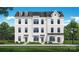 New three-story townhome shows modern white brick, gray trim, and green landscaping at 4100 Alexander View Dr # 1, Charlotte, NC 28226