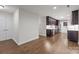 Open kitchen featuring dark cabinetry, stainless steel appliances, and hardwood floors at 7502 Hurstbourne Green Dr, Charlotte, NC 28277