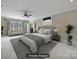 Staged bedroom featuring a seating area, ceiling fan, and neutral decor at 802 Capington Ln, Waxhaw, NC 28173