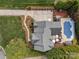Aerial view of the property showcasing the home's roof, landscaping, pool, playground, and outdoor living spaces at 110 Devonshire Ln, Salisbury, NC 28146