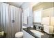 Cozy powder room with granite counters, mirror, and decorative lighting at 2355 Crockett Park Pl, Charlotte, NC 28203