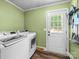 Laundry area features a modern washer and dryer with a bright green accent wall at 3546 Mount Pleasant N Rd, Concord, NC 28025