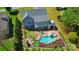 Aerial view of a beautiful backyard with a pool, hot tub, outdoor kitchen, and lounge area for entertaining at 4160 Isle Of Pines Dr, Denver, NC 28037