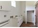 Utility room features white cabinetry, laminate floors, and plumbing for appliances at 455 W Gleneagles Rd, Statesville, NC 28625