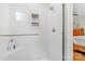Shower featuring white subway tile, glass door, and custom tile insert at 722 12Th Nw Ave, Hickory, NC 28601