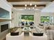 Spacious living room features wood beams, a fireplace, and seamless transition to the outdoors, enhancing the living experience at 100 Verbena Ct, Weddington, NC 28173