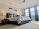 Bedroom features a tray ceiling, large windows with blinds, carpeted floors, and a leather bed frame at 3216 Moss Ln, Charlotte, NC 28206