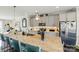A modern kitchen features a large island, gray cabinets, and stainless steel appliances, providing a stylish and functional space at 3216 Moss Ln, Charlotte, NC 28206