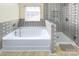 A modern bathroom boasts a soaking tub with a shower and a separate glass-enclosed shower at 599 Annalinde Ln, Rock Hill, SC 29732