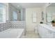 Spa-like bathroom with soaking tub, tiled shower, and double sink vanity at 599 Annalinde Ln, Rock Hill, SC 29732