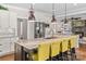 Kitchen island with seating, granite countertop, stainless appliances, and open to a living space at 7181 Windy Ridge Dr, Iron Station, NC 28080