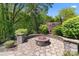 Landscaped fire pit with surrounding seating area and privacy fence at 9494 Leyton Dr, Harrisburg, NC 28075