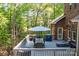 Spacious deck perfect for entertaining with a dining table, grill, and lounge chair, surrounded by a lush wooded area at 9810 Daufuskie Dr, Charlotte, NC 28278