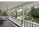 Covered back porch featuring a white railing and peaceful views of the landscaped backyard and mature trees at 122 Corban Se Ave, Concord, NC 28025