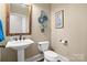 Stylish powder room features designer fixtures, a pedestal sink, and unique wall decor at 14130 Lea Point Ct, Huntersville, NC 28078