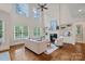 Bright living room with high ceilings, a fireplace, built-in shelves, and large windows overlooking the yard at 208 Grasshopper Cir, Mooresville, NC 28117
