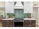 Close up of the kitchen and stove with green backsplash and white cabinets at 4516 Stryker Dr, Matthews, NC 28104
