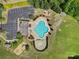 Overhead view of a clover-shaped pool featuring a playground, parking, fire pit, bocce ball court and green spaces at 5025 Willing Ct, Fort Mill, SC 29707