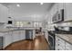 Modern kitchen featuring stainless steel appliances, granite countertops, and a breakfast bar overlooking the dining area at 5908 Glassport Ln, Charlotte, NC 28210