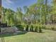 Green backyard with a stone retaining wall, pool, trees, shrubs, and lawn at 712 Chase Ct, Fort Mill, SC 29708