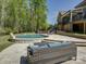 Backyard showcasing a pool, patio, outdoor seating, lush mature trees, and tranquil outdoor living space at 712 Chase Ct, Fort Mill, SC 29708