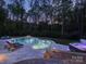 Backyard featuring a large pool, stone patio, hot tub, lounge furniture, and lush mature trees at 712 Chase Ct, Fort Mill, SC 29708