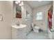 Bathroom with a colorful shower curtain, tile floors, and updated fixtures at 1540 Neely Store Rd, Rock Hill, SC 29730