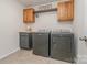 Functional laundry room with modern washer and dryer units and ample storage at 17231 Rider Wood Ln, Charlotte, NC 28278