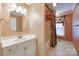 Bathroom featuring a single sink vanity, mirror, and a shower with a patterned curtain at 2199 Lookout Pt, Rock Hill, SC 29732