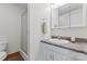 This bathroom features a single sink, a toilet, white cabinets, dark countertops, and a glass door shower at 531 Hattaway Dr, Mount Gilead, NC 27306