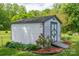 Charming storage shed featuring lush landscaping in the backyard at 111 Peoria Ln, Kings Mountain, NC 28086