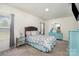 Comfortable bedroom with a floral bedspread, light-colored walls, and matching blue dressers at 4406 Huntley Glen Dr, Pineville, NC 28134