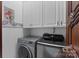 Laundry room features modern appliances, white cabinets, and playful wallpaper border at 4465 3Rd Nw St, Hickory, NC 28601