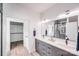 Modern bathroom featuring double sinks, sleek gray cabinets, and stylish light fixtures, with an adjacent walk-in closet at 6907 Lancaster Hwy, Waxhaw, NC 28173