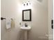 Stylish half-bathroom features a pedestal sink, modern faucet, and decorative mirror and towel at 879 Park Slope Dr, Charlotte, NC 28209