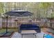 Outdoor patio area with modern patio furniture, umbrella, and bamboo backdrop at 879 Park Slope Dr, Charlotte, NC 28209