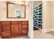 Bathroom with wood cabinets and a large mirror; a doorway leads to the shower at 14131 Lea Point Ct, Huntersville, NC 28078