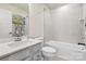 Clean bathroom with a shower-tub combination, light gray vanity, and coordinated gray and white color scheme at 1543 Ab Moore Jr Dr, Indian Trail, NC 28079
