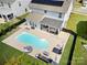 Stunning aerial shot of backyard featuring pool, hot tub, outdoor furniture, and lush landscaping at 2262 Galloway Sw Ln, Concord, NC 28025